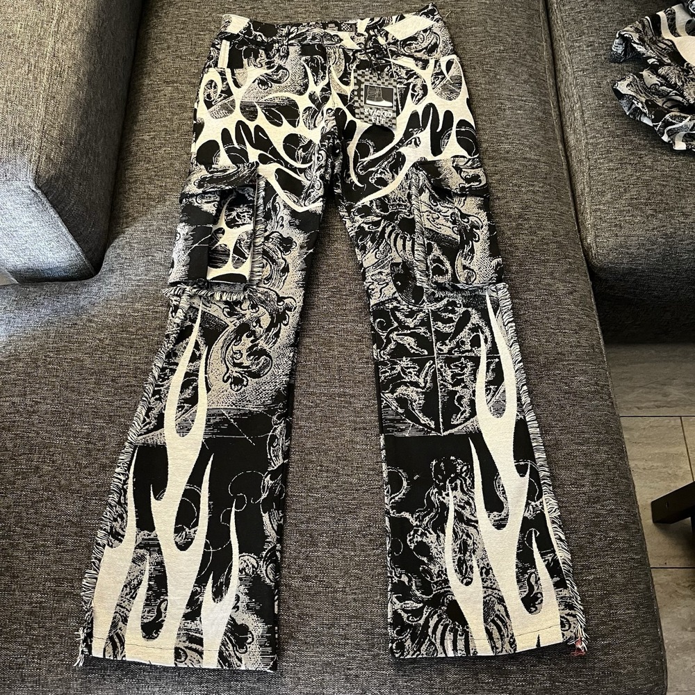 Rebel Vengeance Pants Mens 28x32 Black Flame Tapestry Cargo Gothic Stacked Fit